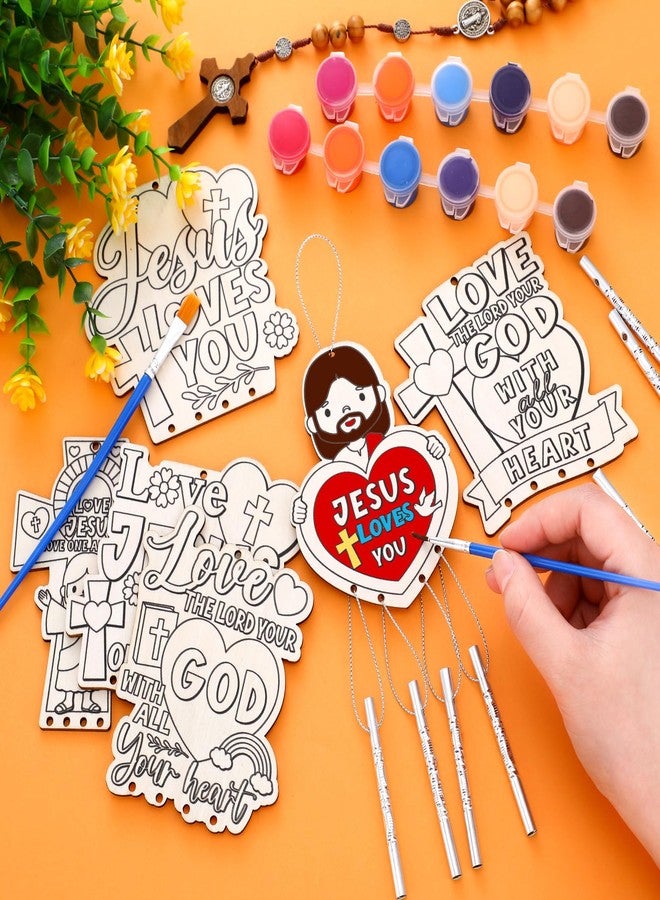 Silipull 24 Sets Religiou Valentines Crafts for Kids Christian Jesus Loves You Wind Chimes Make Your Own DIY Hanging Wooden Wind Chimes Ornaments for Valentines Christian Party Decoration - Image 3